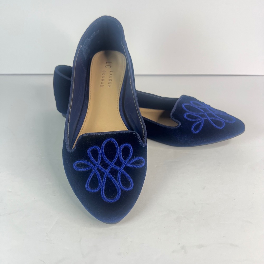 Lauren Conrad Calla Blue Velvet Embroidered Flats Pointed Loafers Womens 8.5 M